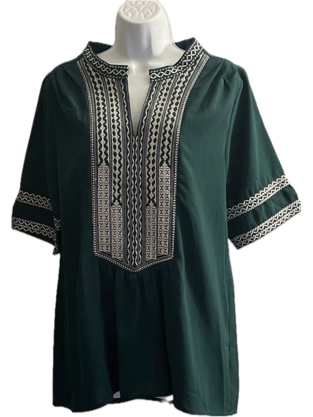 Embroidered Peasant Blouse in Deep Green